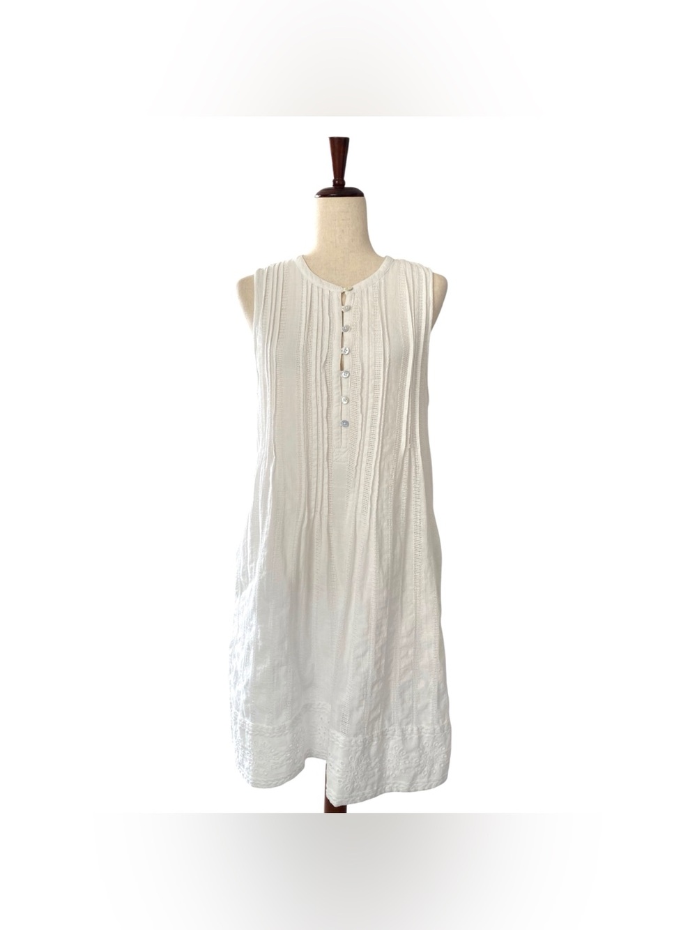 Faherty Isha Dress White Organic Cotton Sleeveless Pintuck Shift Summer Dress L